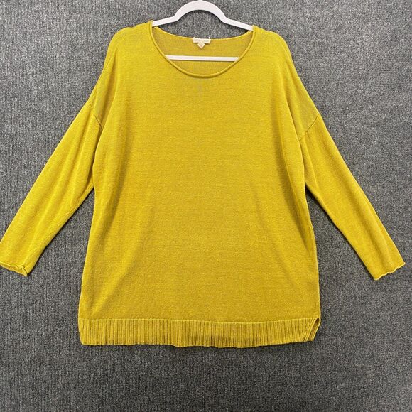 Eileen Fisher Sweater L Mustard Organic Linen Pullover Hippie Lagenlook Casual - Picture 1 of 8